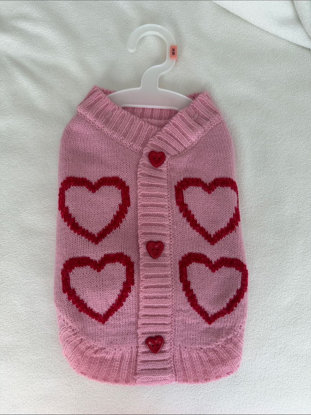 Pink Heart-Print Knit Dog Sweater with Button Front- Size XS